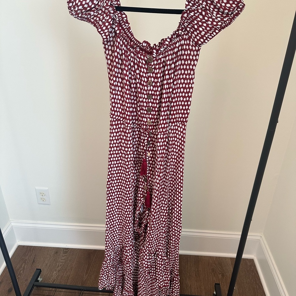 Tiare Hawaii Burgundy Polka Dot Maxi Dress